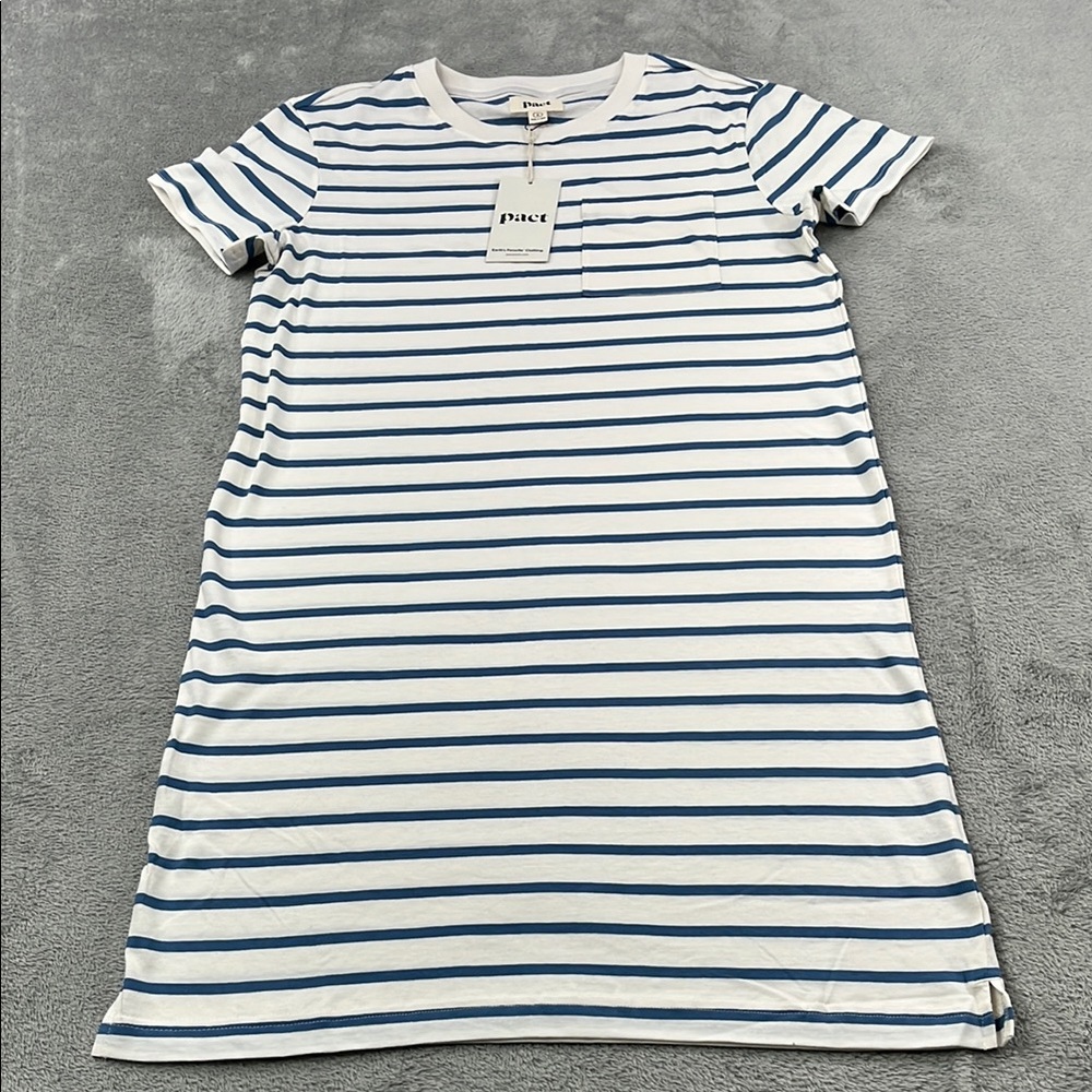 NEW PACT S 100% Organic Cotton Paris Stripe Softspun Tee Dress Blue, White